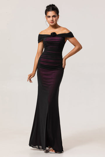 Black Pink Off the Shoulder Sheath Long Bridesmaid Dress